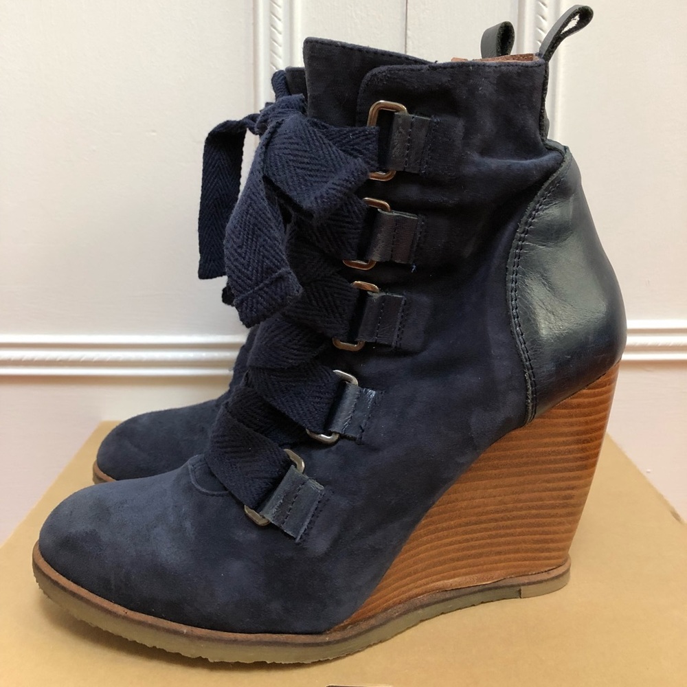 Anthropologie blue wedge boots